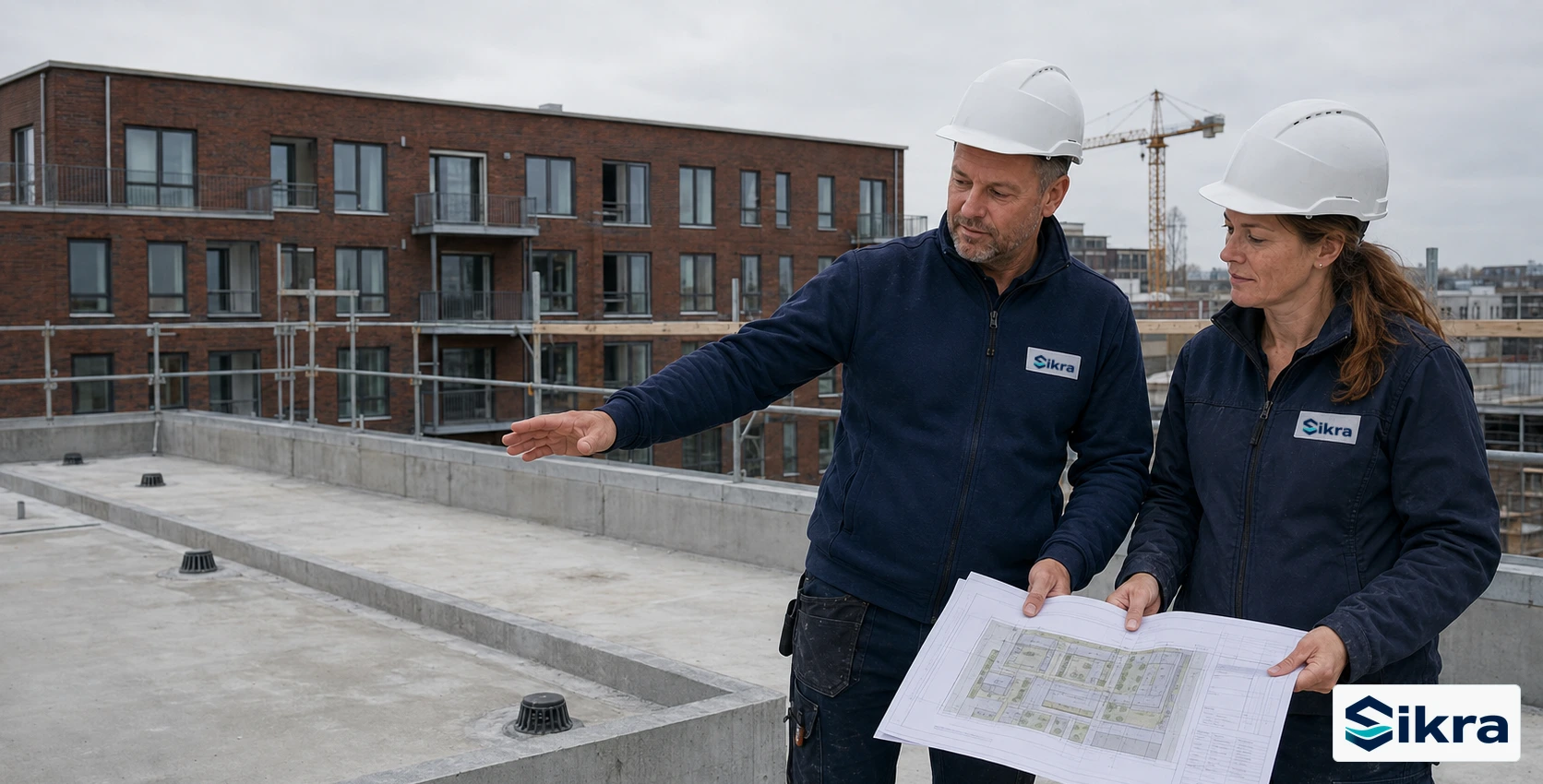 Illustration af to Sikra-fagpersoner, der gennemgår en projektplan og konstruktionen på en dansk byggeplads.