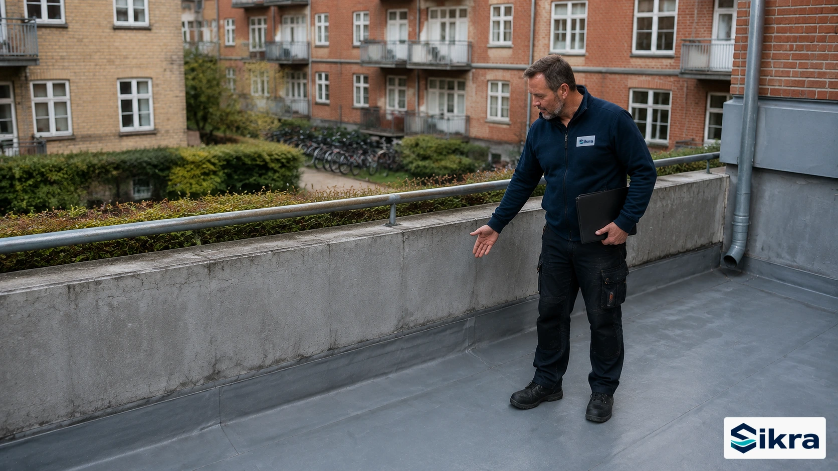 Illustration af en Sikra-specialist, der gennemgår beton og membrantilslutninger på en gårdterrasse ved en dansk boligejendom.