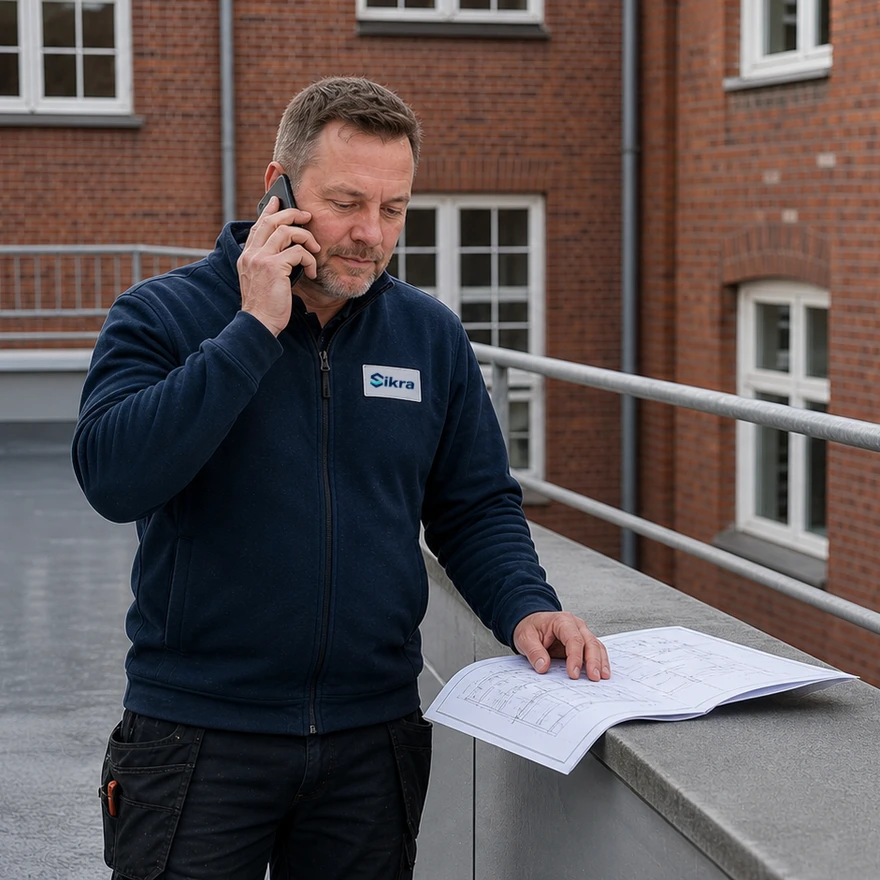 Illustration af en Sikra-specialist i telefonisk dialog ved en dansk ejendom.