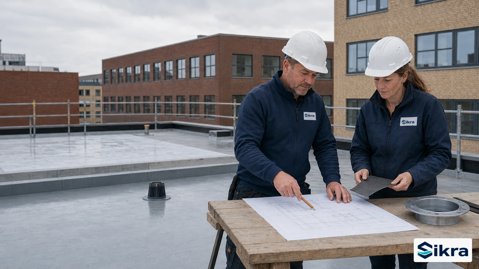 Illustration af to Sikra-fagpersoner, der gennemgår en projekttegning, en membranprøve og en afløbsdetalje på en dansk byggeplads.