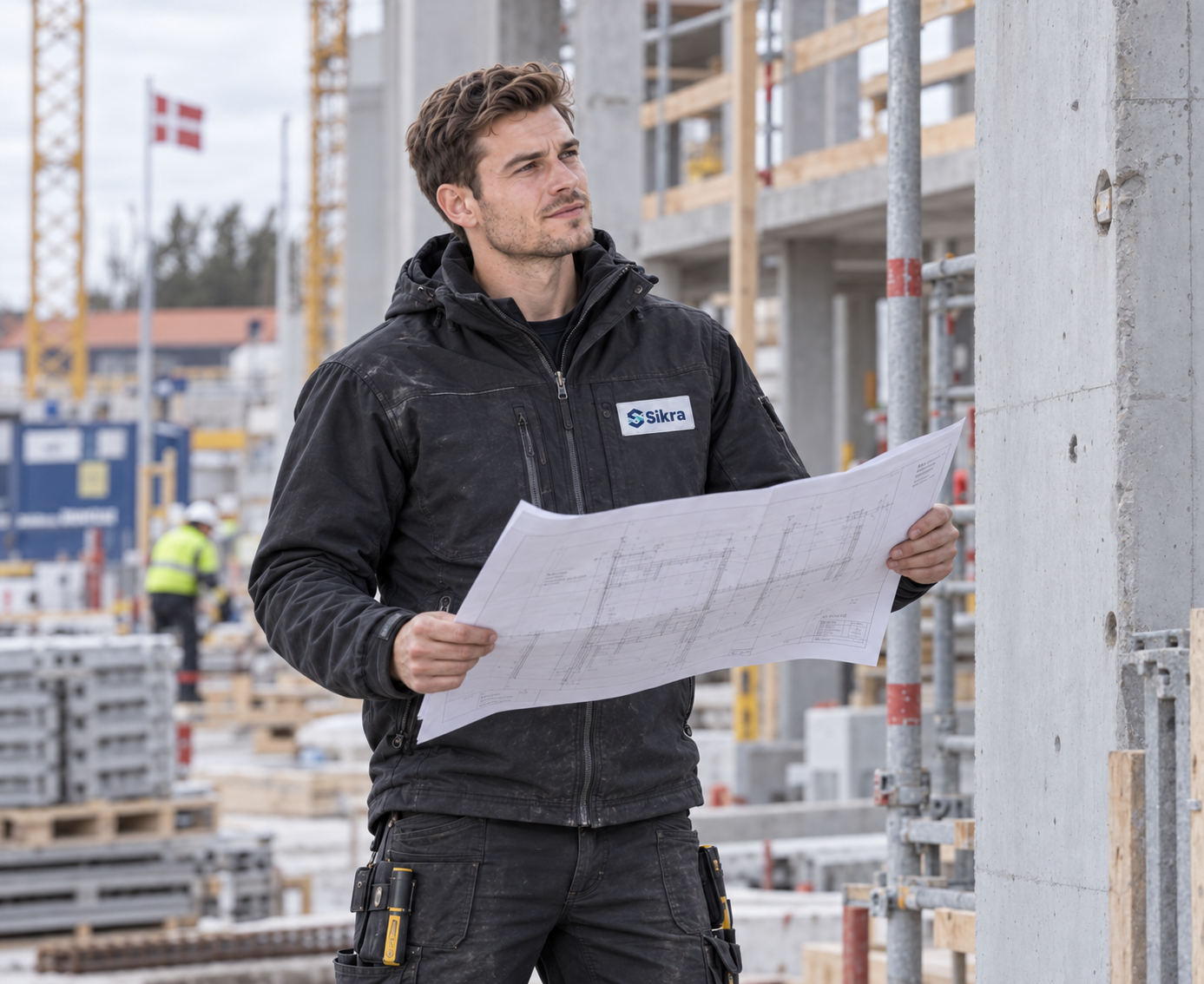 Illustration af en Sikra-specialist, der sammenholder byggetegninger med betonkonstruktionen på en byggeplads.