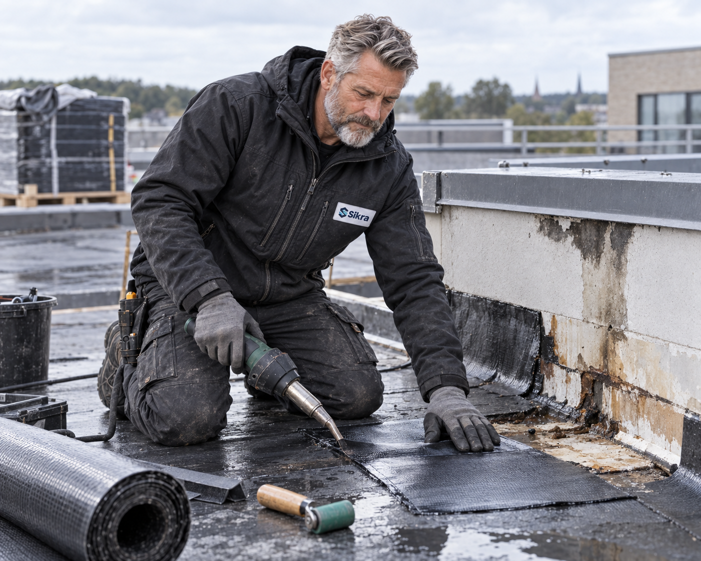 Illustration af en Sikra-specialist, der reparerer en tagmembran ved en beskadiget opkant.