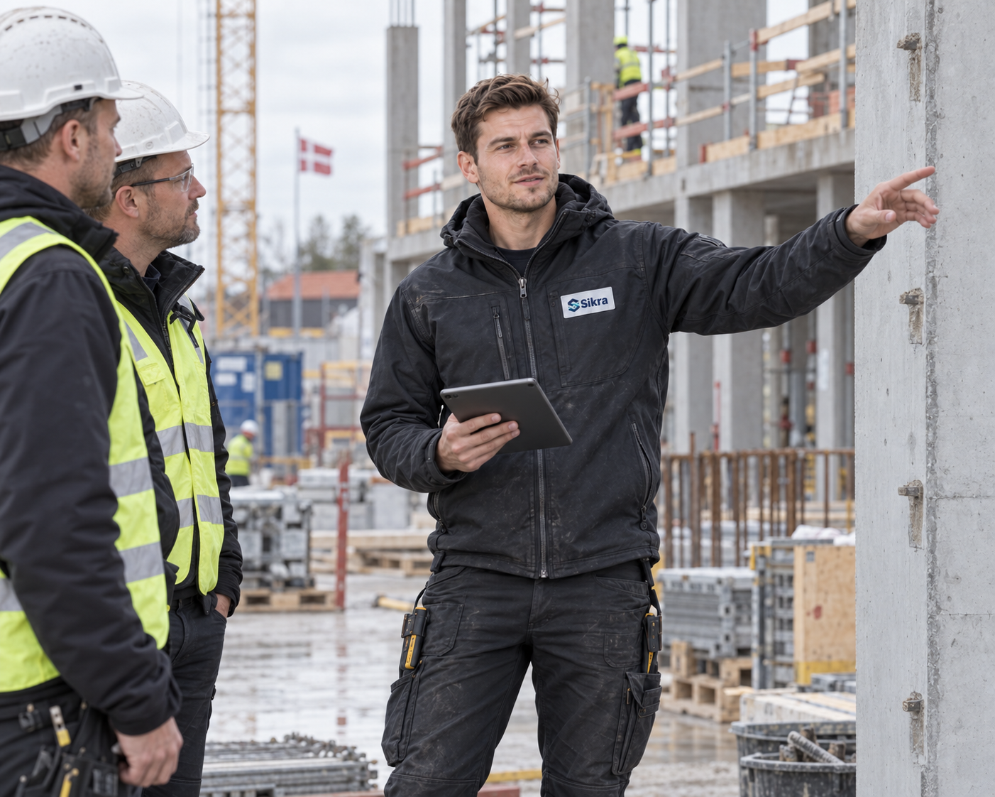 Illustration af en Sikra-specialist, der gennemgår en betonkonstruktion med to rådgivere på en byggeplads.