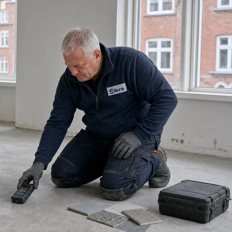 Illustration af underlagskontrol med måleudstyr og materialeprøver før valg af gulvsystem.