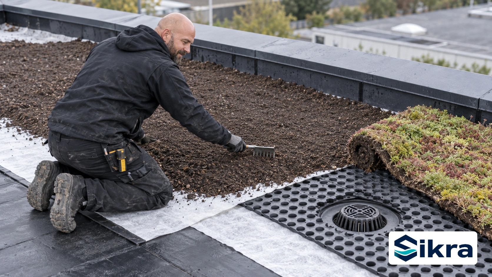 Sikra-fagmand etablerer sedum over membran, beskyttelse, dræn og vækstlag på et dansk tag