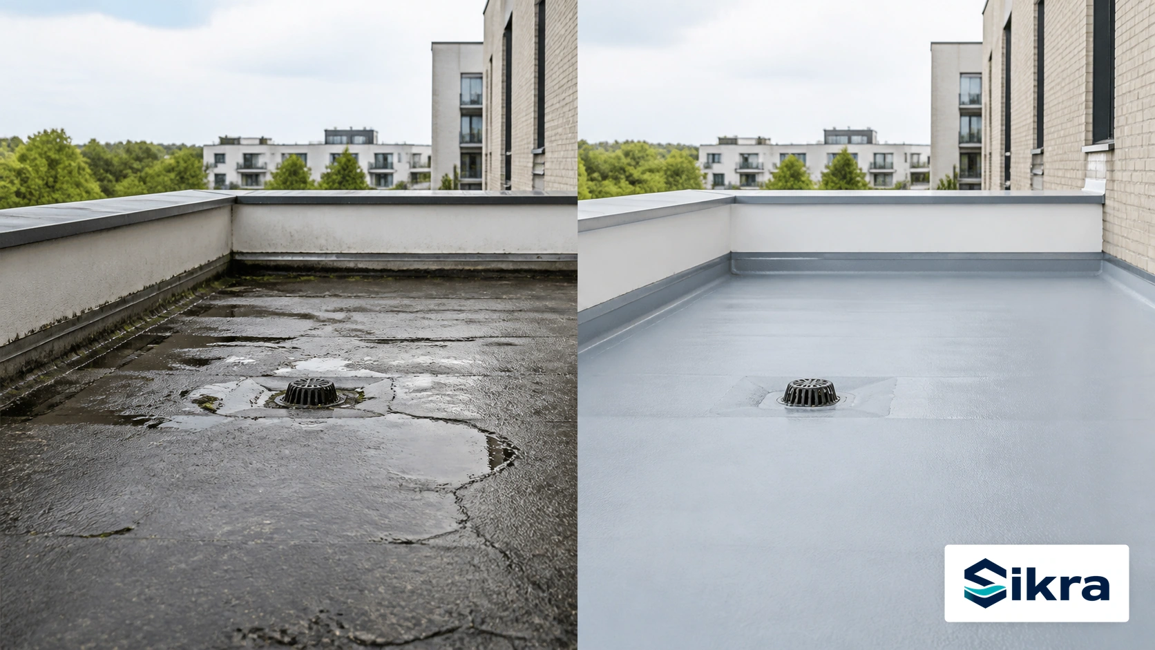 Før og efter membranrenovering på tagflade