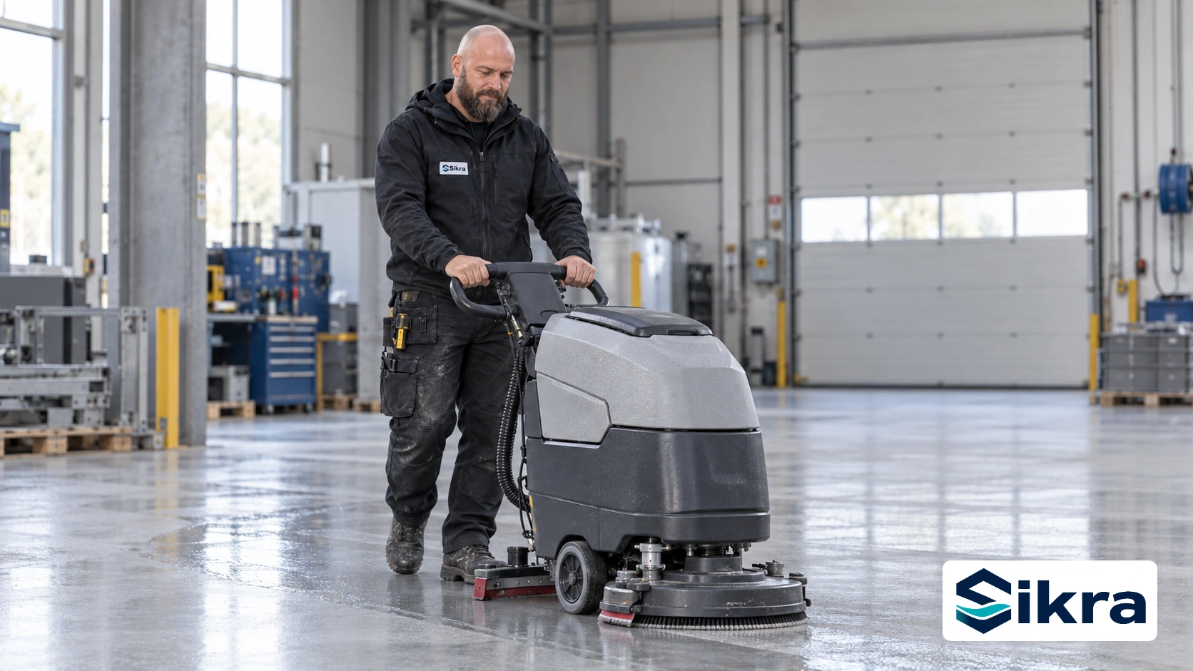 Sikra-fagmand rengør et Triflex-industrigulv med gulvvaskemaskine i et dansk produktionsmiljø