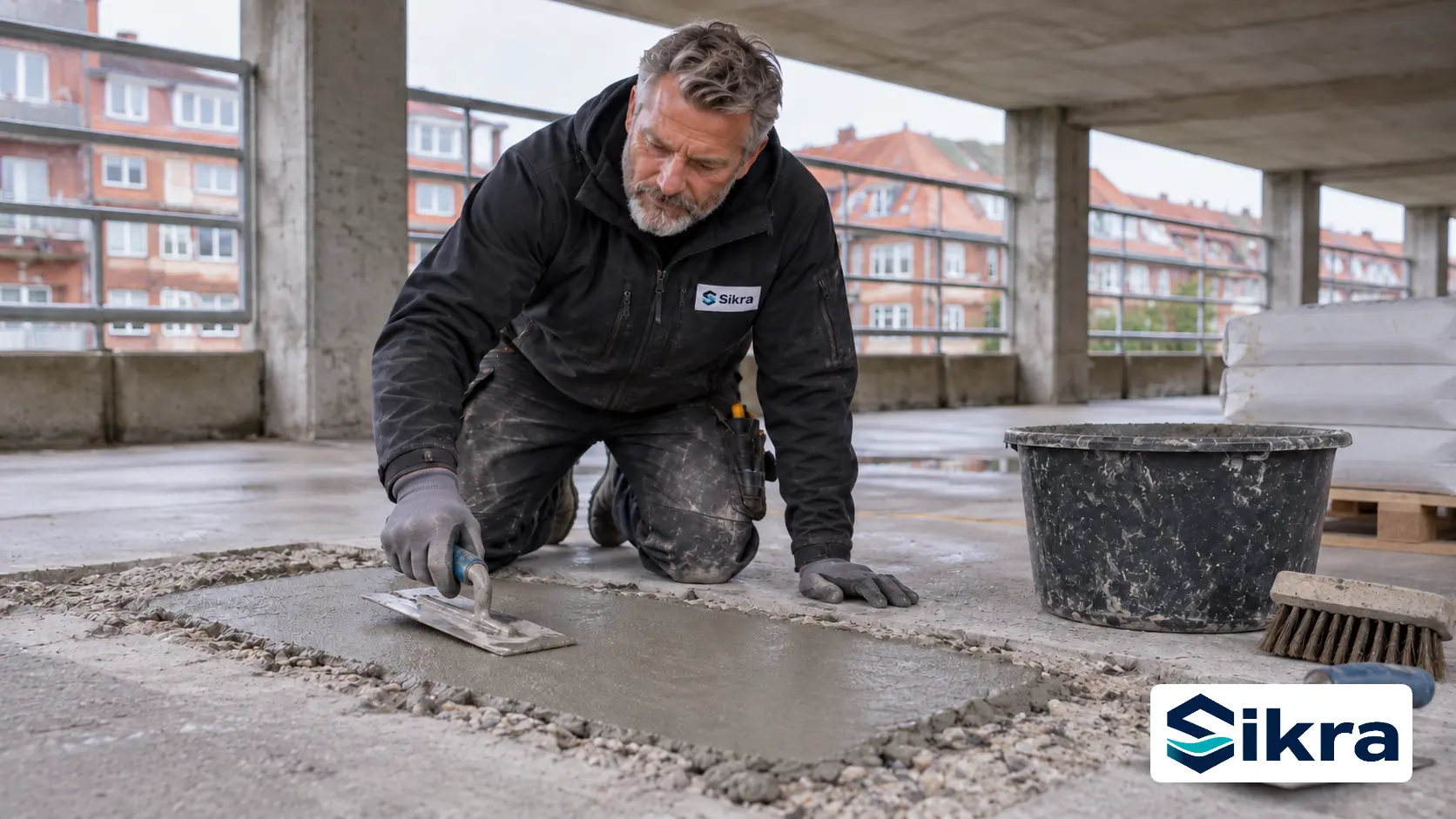 Fagmand genopbygger beskadiget beton omkring frilagt armering på et P-dæk