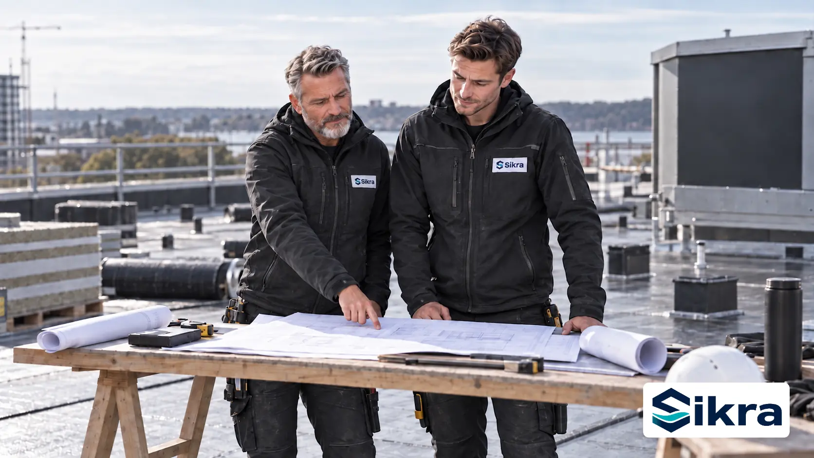 To Sikra-medarbejdere gennemgår projektmateriale og materialeprøver på et dansk fladt tag
