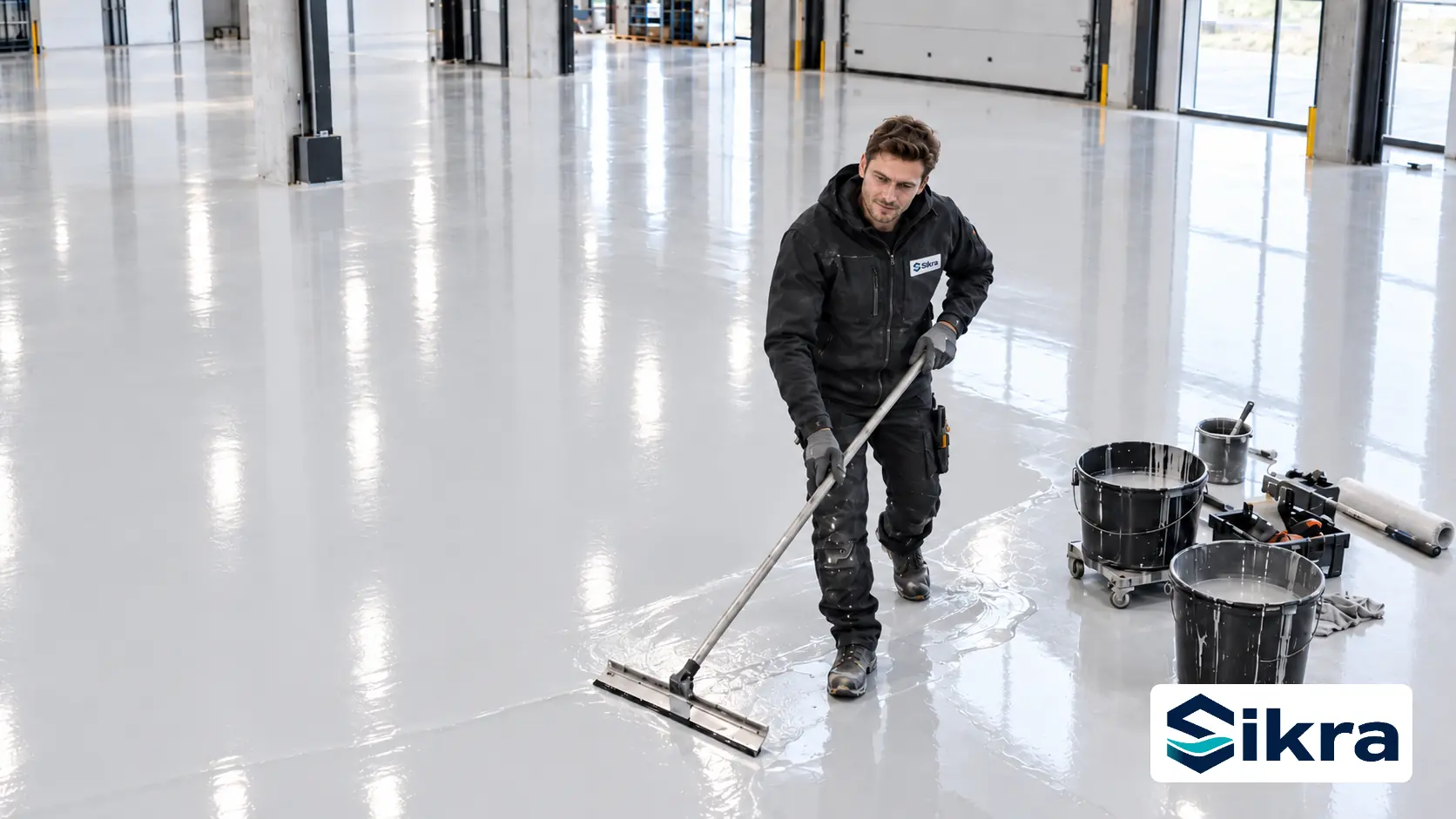 Sikra-fagmand etablerer et zoneret Triflex-designgulv i et moderne dansk erhvervsmiljø