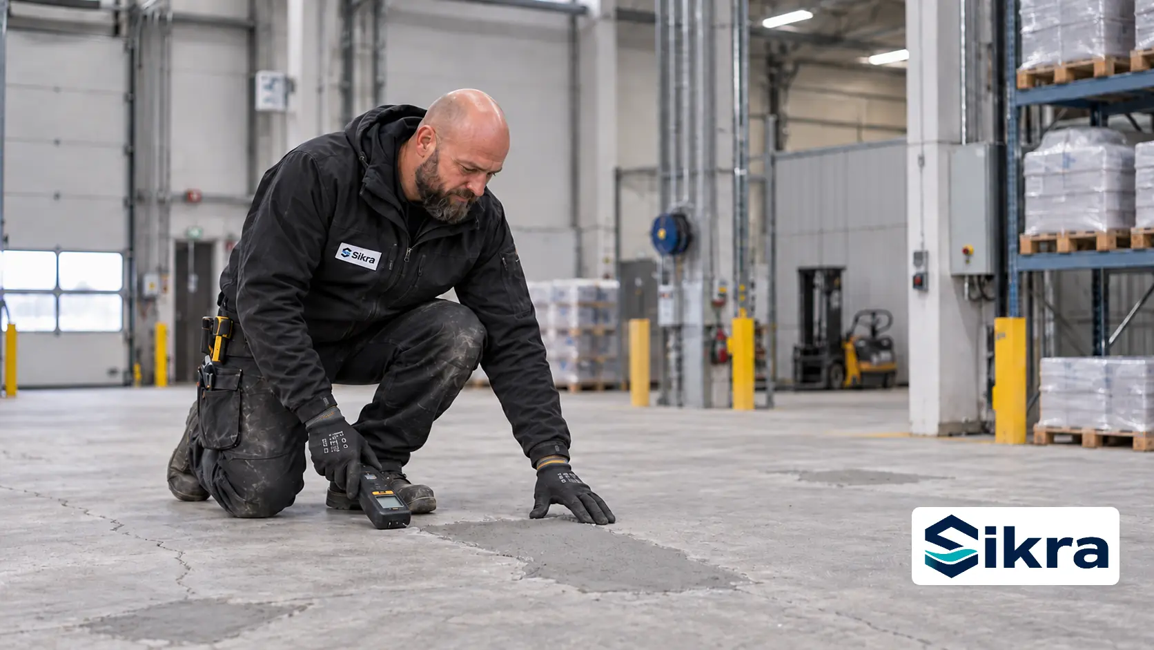 Sikra-fagmand kontrollerer fugt og reparationer i betonen før Triflex-epoxy