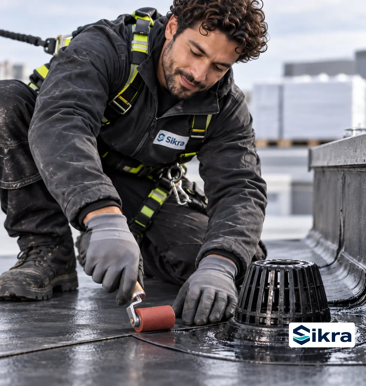 Sikra-fagmand armerer Triflex-membran omkring en taggennemføring