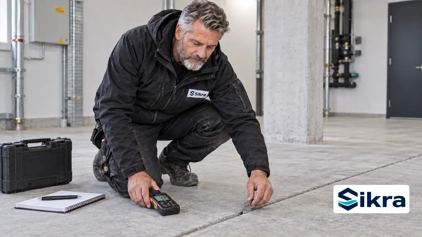 Sikra-fagmand måler fugt og kontrollerer en bevægelsesdetalje før Triflex-polyurethan